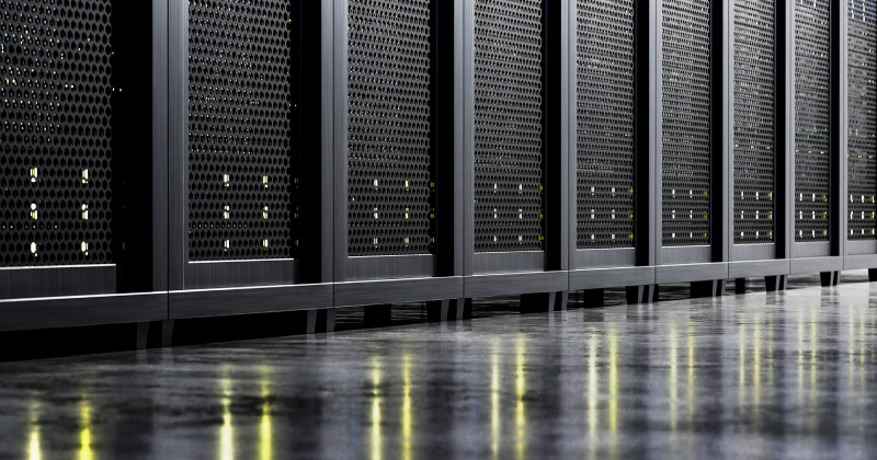 Row of server cabinets in a secure colocation data center