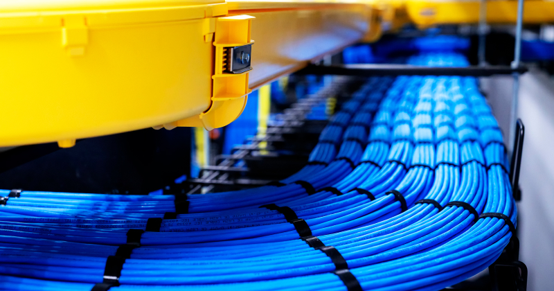 Colocation data center network infrastructure showing high-speed connectivity, racks, and interconnection for scalable performance