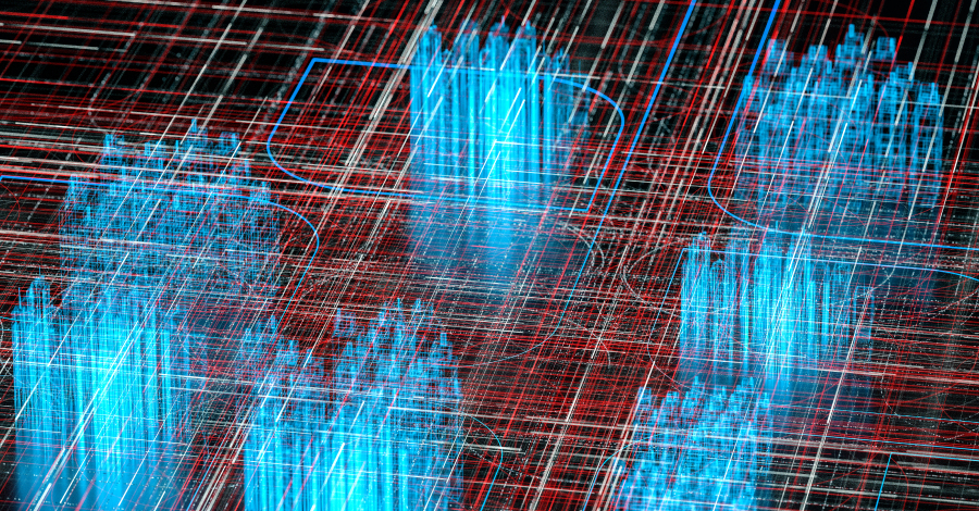 Abstract wireframe cityscape illustrating complex interconnected digital infrastructure, networks, and data flows associated with infrastructure sprawl and technical debt.