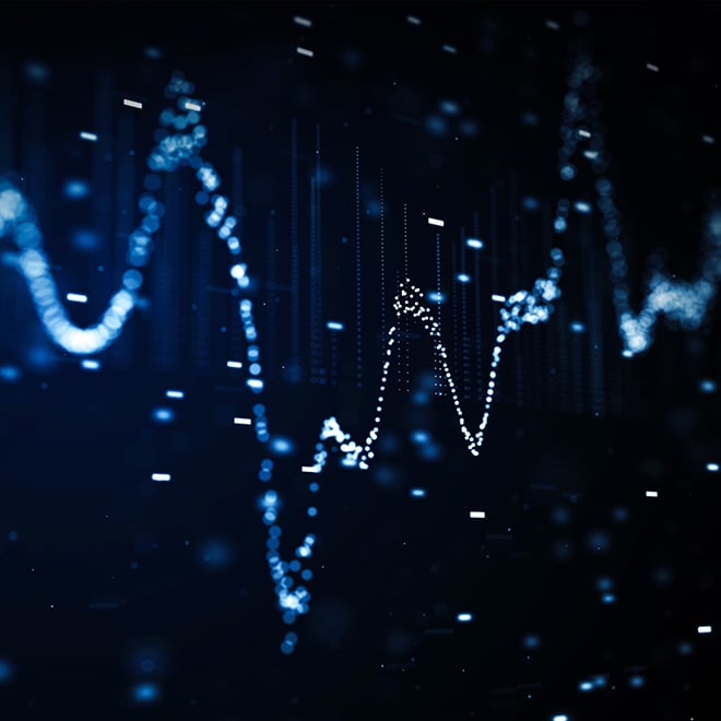 Abstract blue data visualization symbolizing unpredictable cloud costs and fluctuating performance, highlighting the risks of cloud-first strategies.