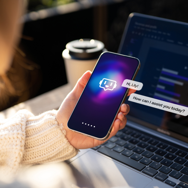 Smartphone displaying AI assistant with real-time chat interface for edge AI inference on mobile device